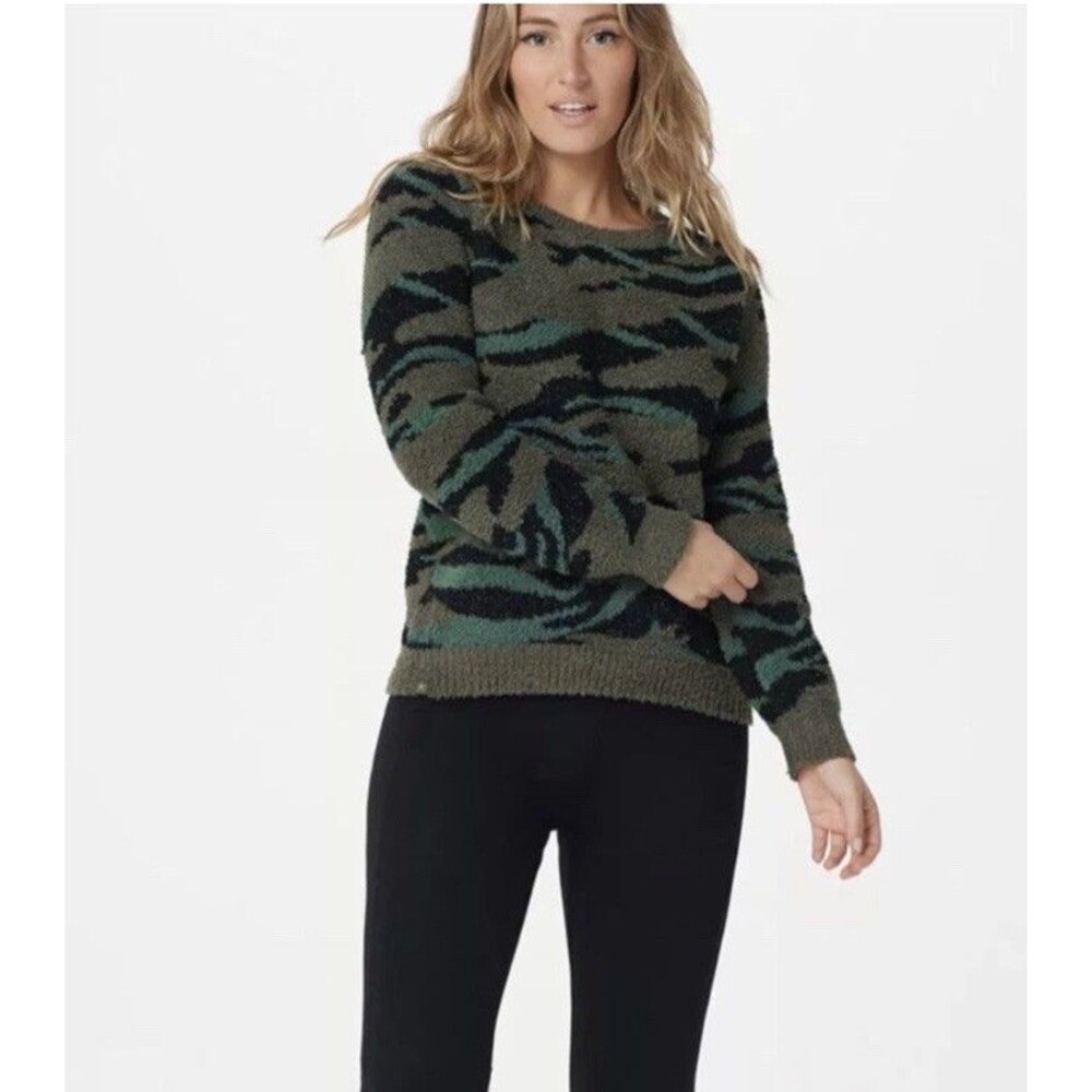 Barefoot Dreams CozyChic Seaside Pullover Sweater Black Grey Camo Large